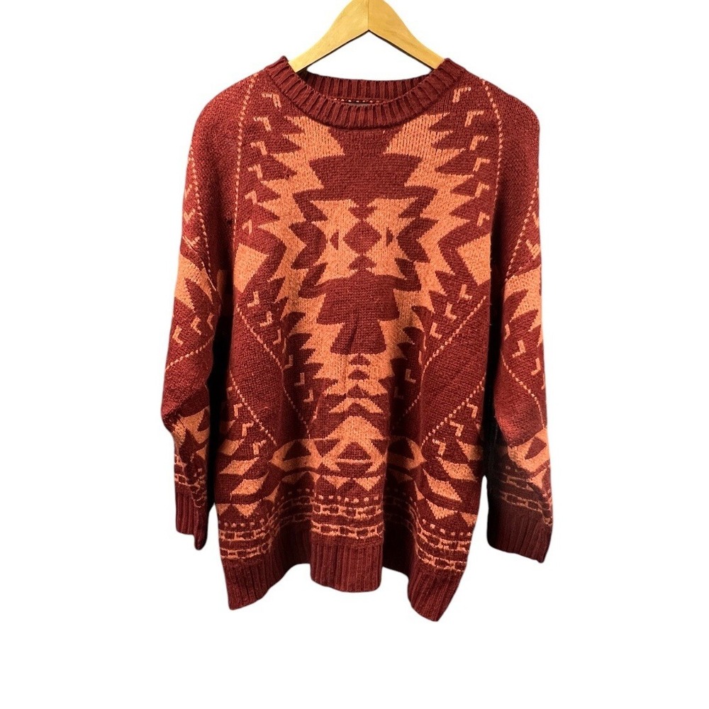 Wonderly Sweater Women 2X Rust Clay Tribal Aztek Ribbed Cottagecore Casual Top